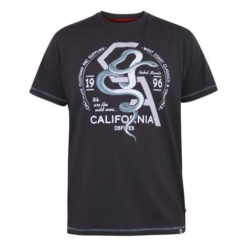 D555 Cortex California T-Shirt mit Schlangenmuster und Rundhalsausschnitt in verwaschenem Schwarz